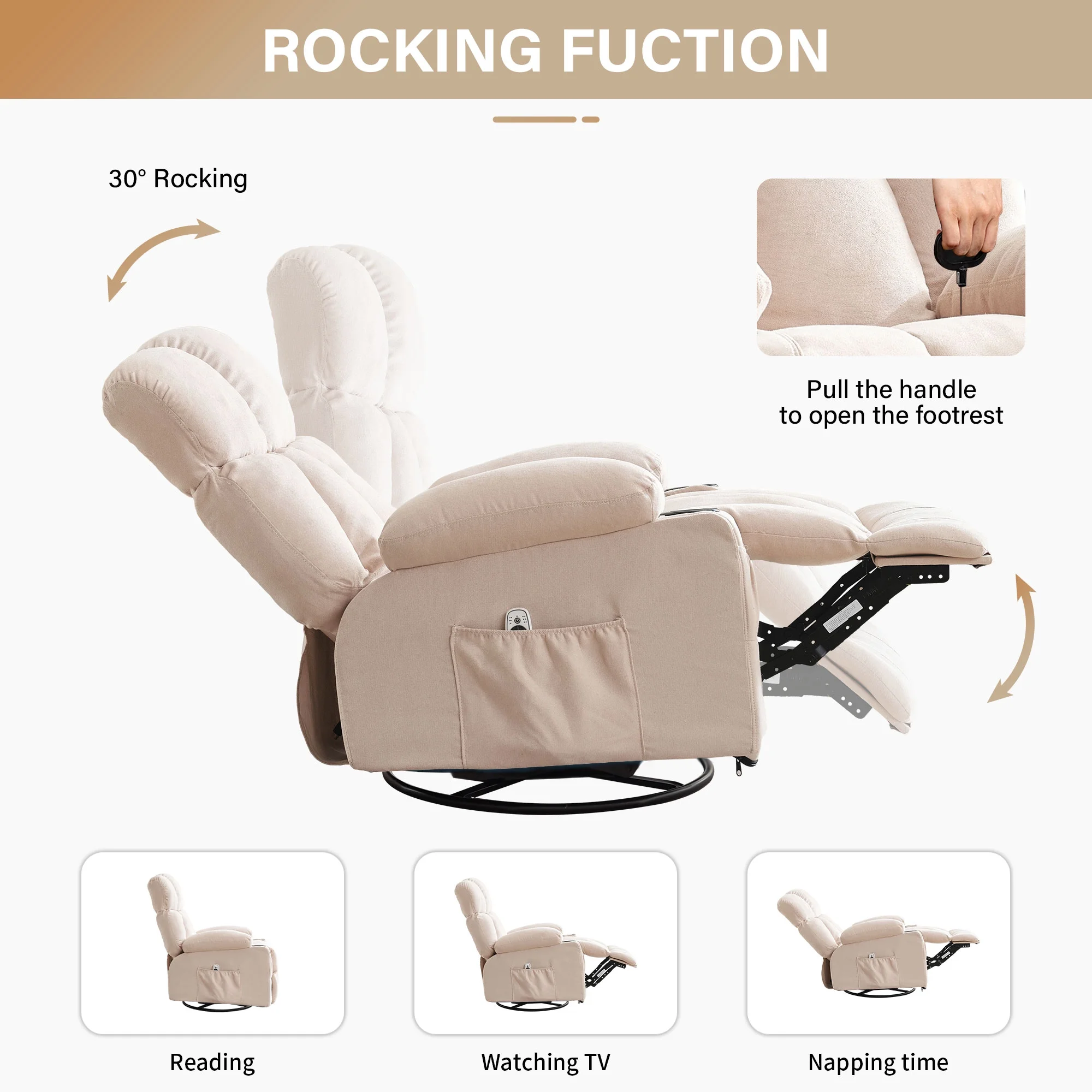 JONPONY Manual Recliner Chair with Heat Therapy and Massage Function, Heavy Duty Reclining Mechanism Massage Chair, Elderly Single Rocker Sofa with Cup Holders for Bedroom Home Theater,Grey