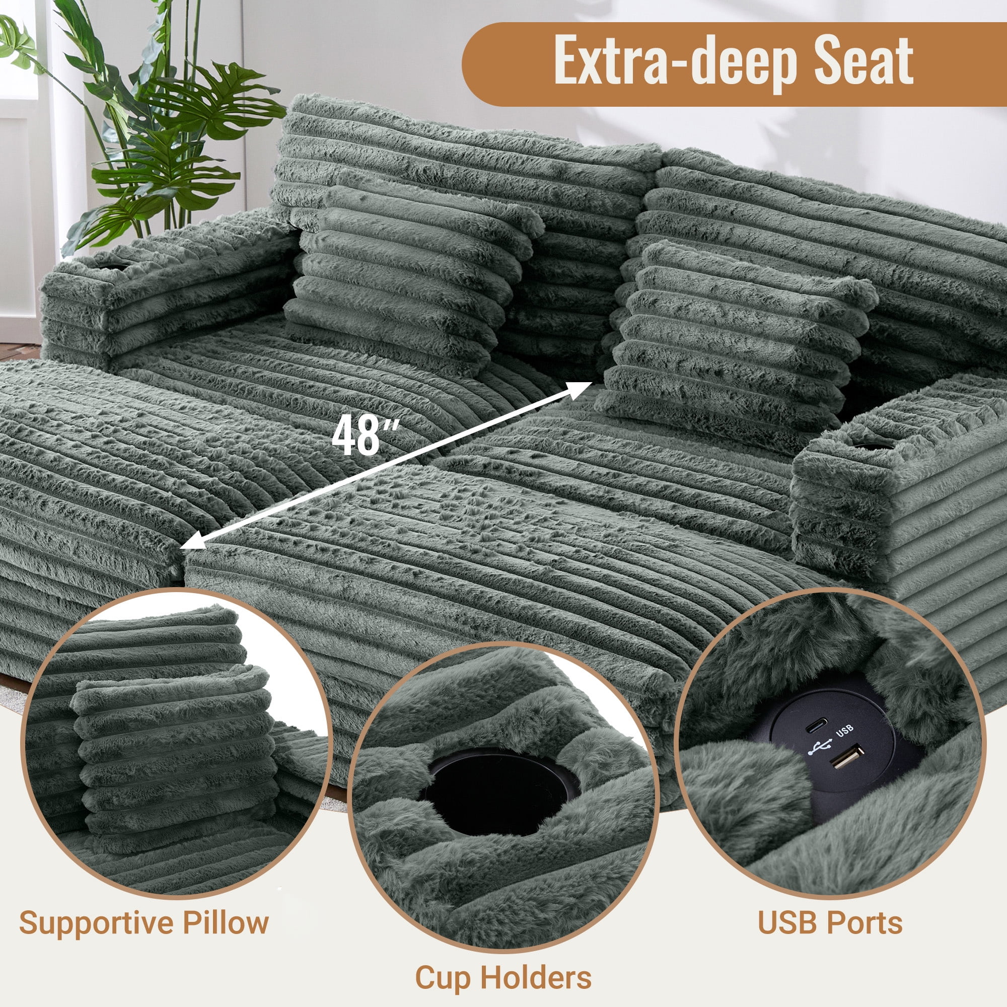 Oversized Double Chaise Lounge, Faux Fur Upholstered Deep Seat Sofa with 2 Pillows, 2 Cupholders, and Dual USB Ports