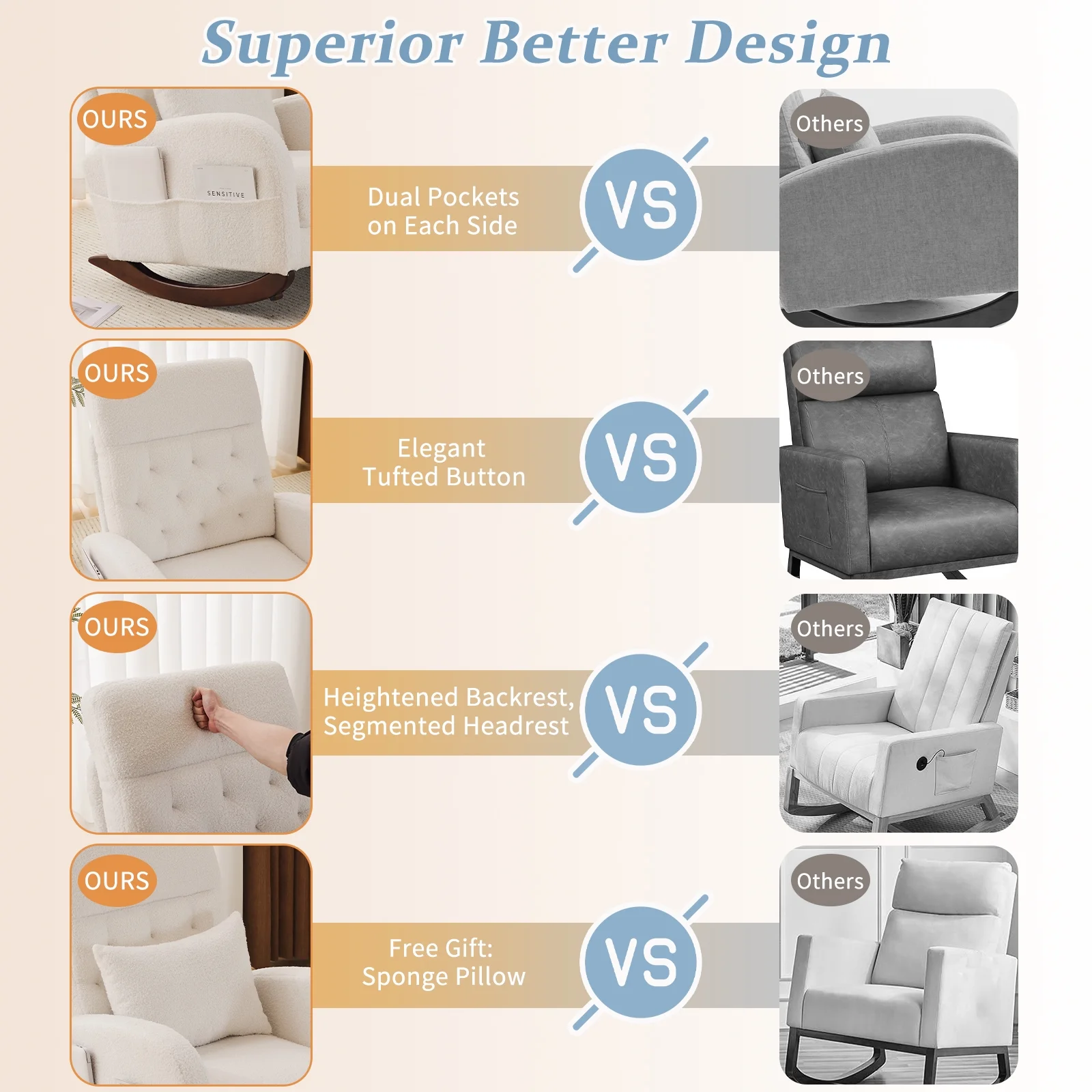 Ktaxon Rocking Accent Chair Glider Reading Chair Comfy Teddy Velvet Upholstered Single Sofa Rocker for Living Room, Nursery, Bedroom Beige