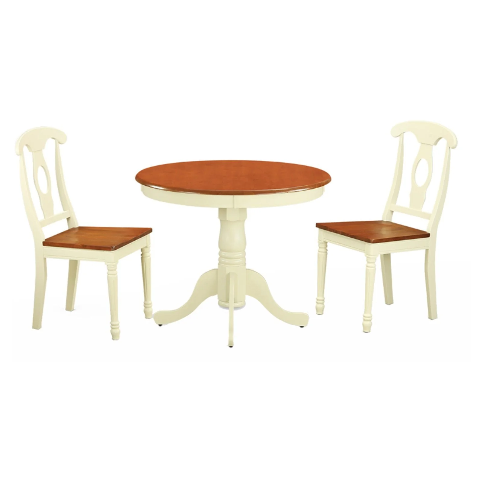 East West Furniture Antique 3 Piece Pedestal Round Dining Table Set with Kenley Wooden Seat Chairs
