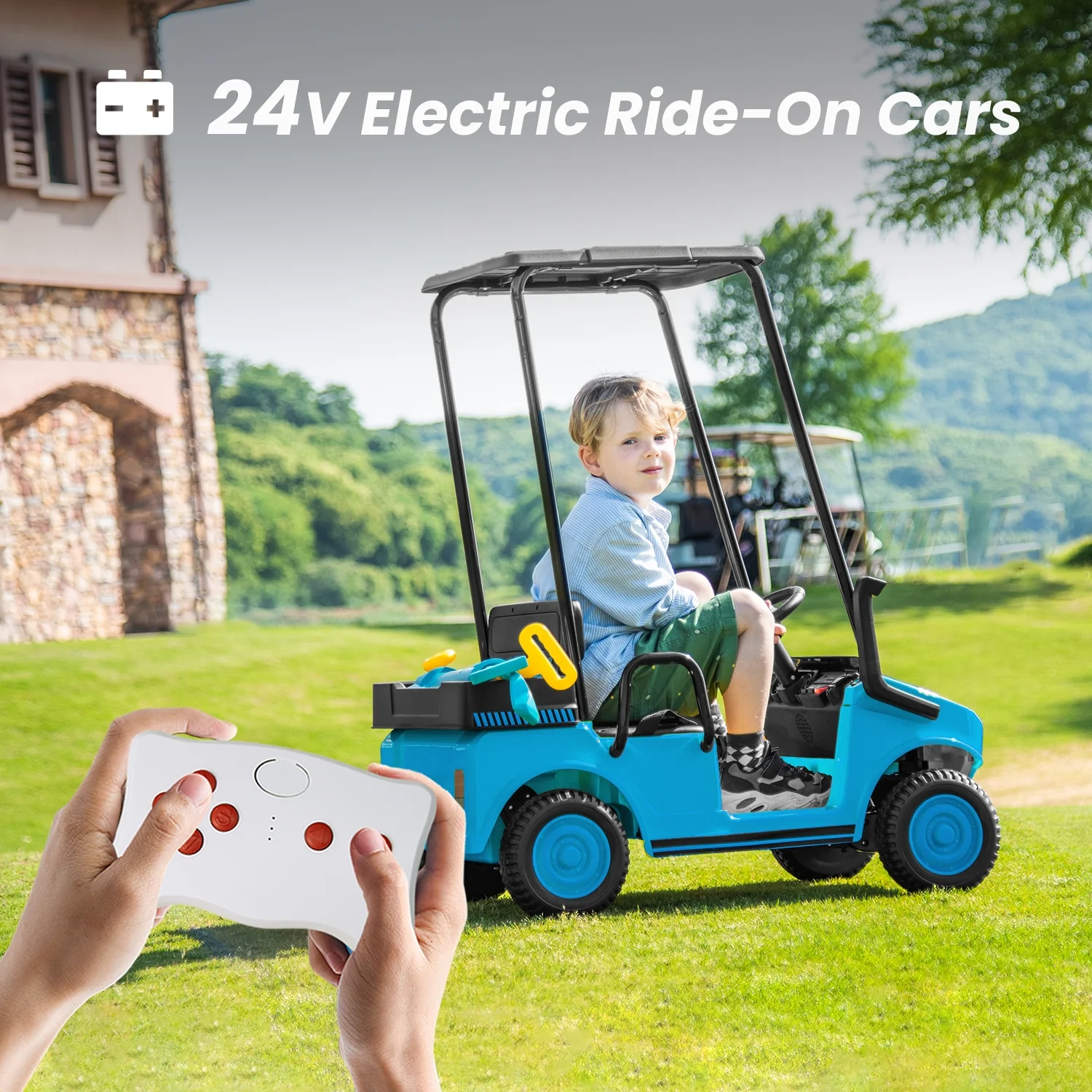 Track Seven 24V Ride on Car, Electric Golf Cart with Ceiling, Ride on Truck with Remote Control, Music, Rear Storage Box, Electric Car for Boys Girls Age 3+, 18.5