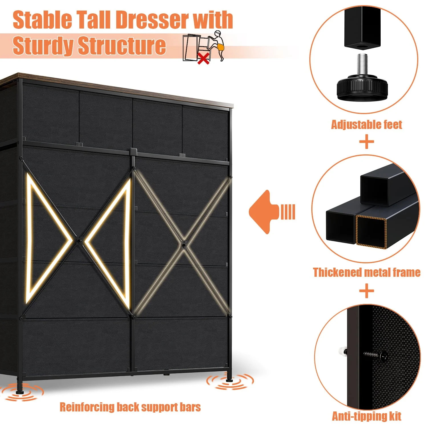 EnHomee Dressers for Bedroom Dresser with 12 Fabric Drawers,Bedroom Furniture Large Dressers&Chests of Drawers with Wood Top Metal Frame, 8+4Drawers Rustic Brown