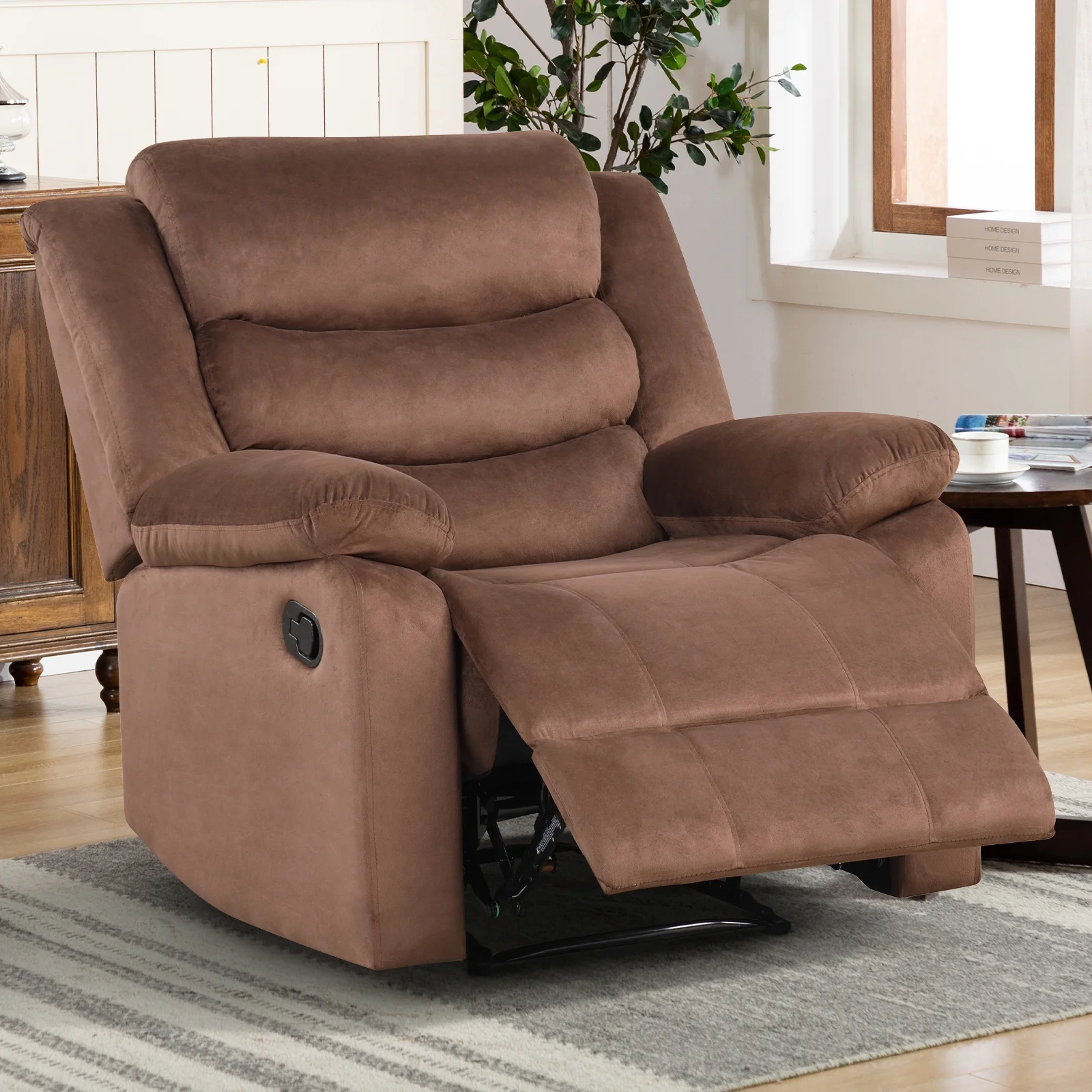 Bonzy Home Recliner Chairs for Living Room Overstuffed Breathable Fabric Reclining Chair Manual Sofa Brown