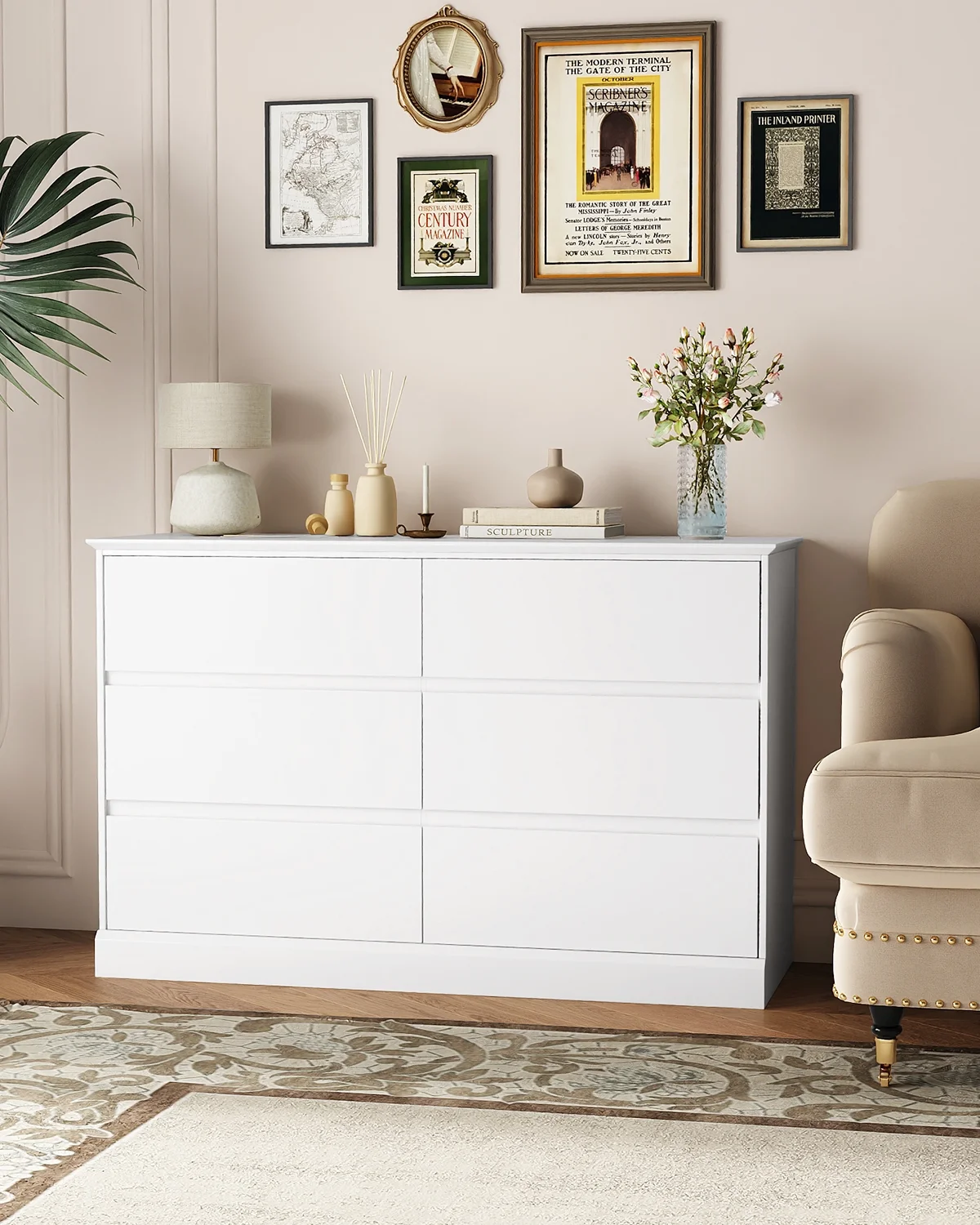 White Dressers Bedroom Dresser 6 Drawer Storage Chest of Drawers Double Dresser Storage Side Cabinet Room Furniture for Bedroom Living Room