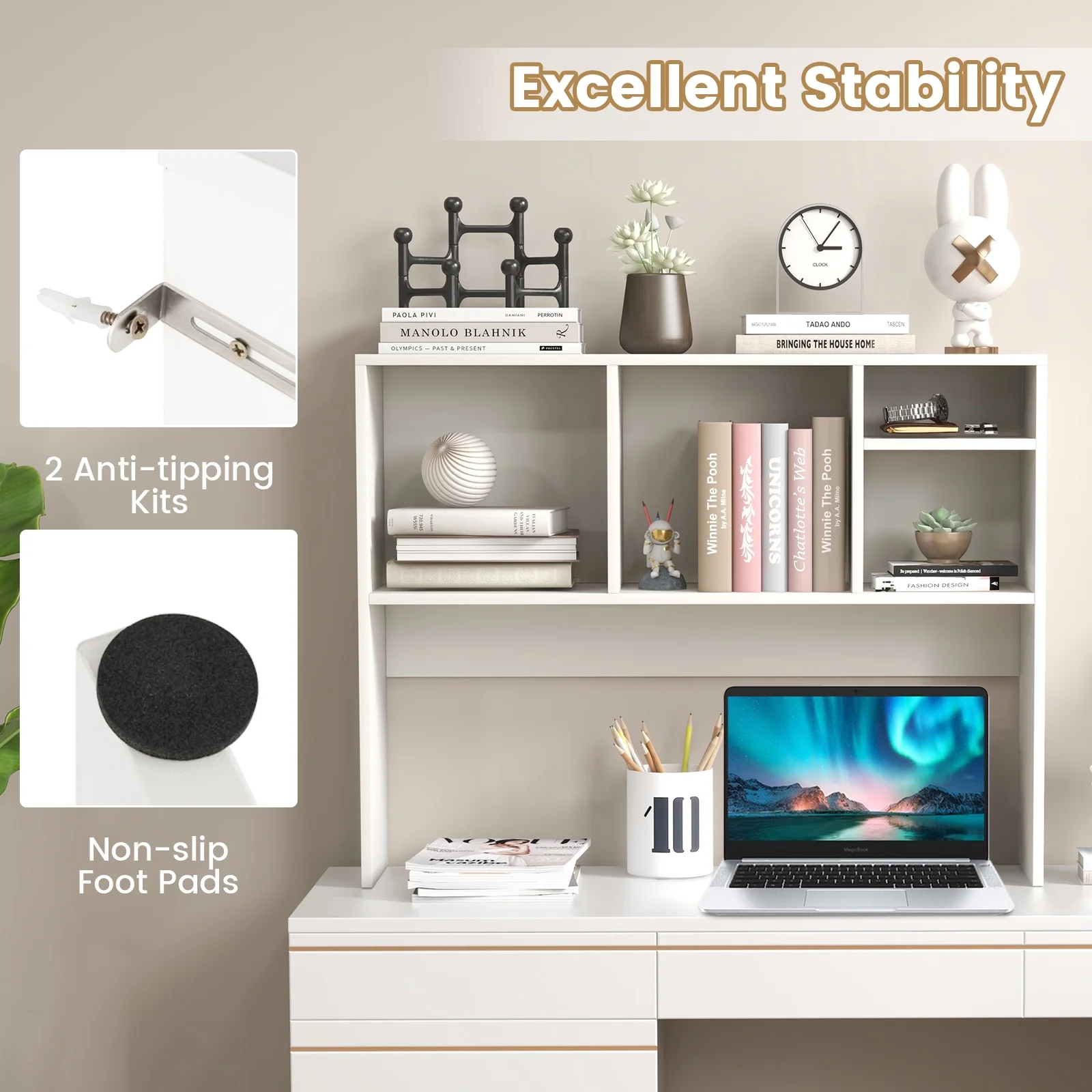 Giantex Desk Hutch, 2-Tier Desktop Organizer Shelf for Computer Desk, Wide Wooden Table Top Bookshelf, Countertop Storage Rack, White