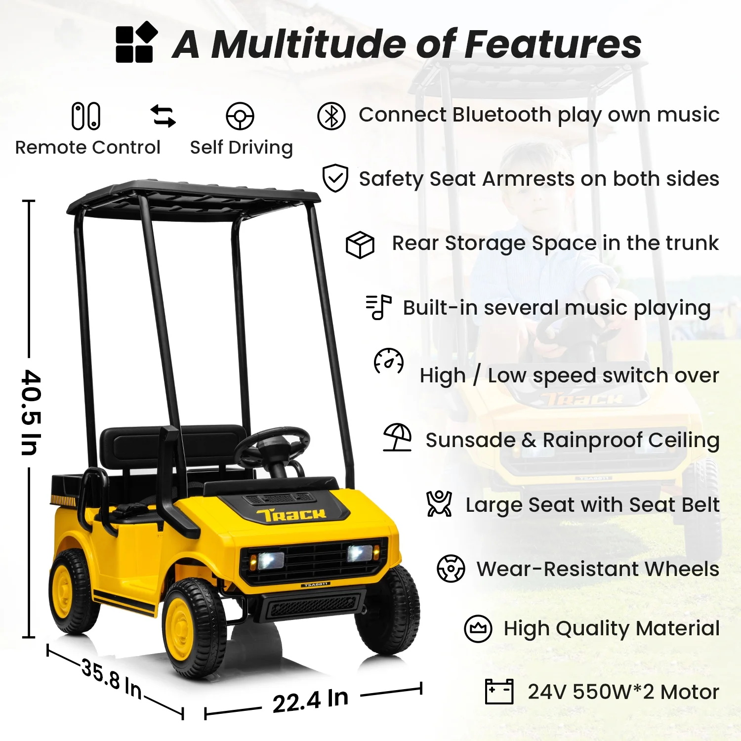 Track Seven 24V Ride on Car, Electric Golf Cart with Ceiling, Ride on Truck with Remote Control, Music, Rear Storage Box, Electric Car for Boys Girls Age 3+, 18.5