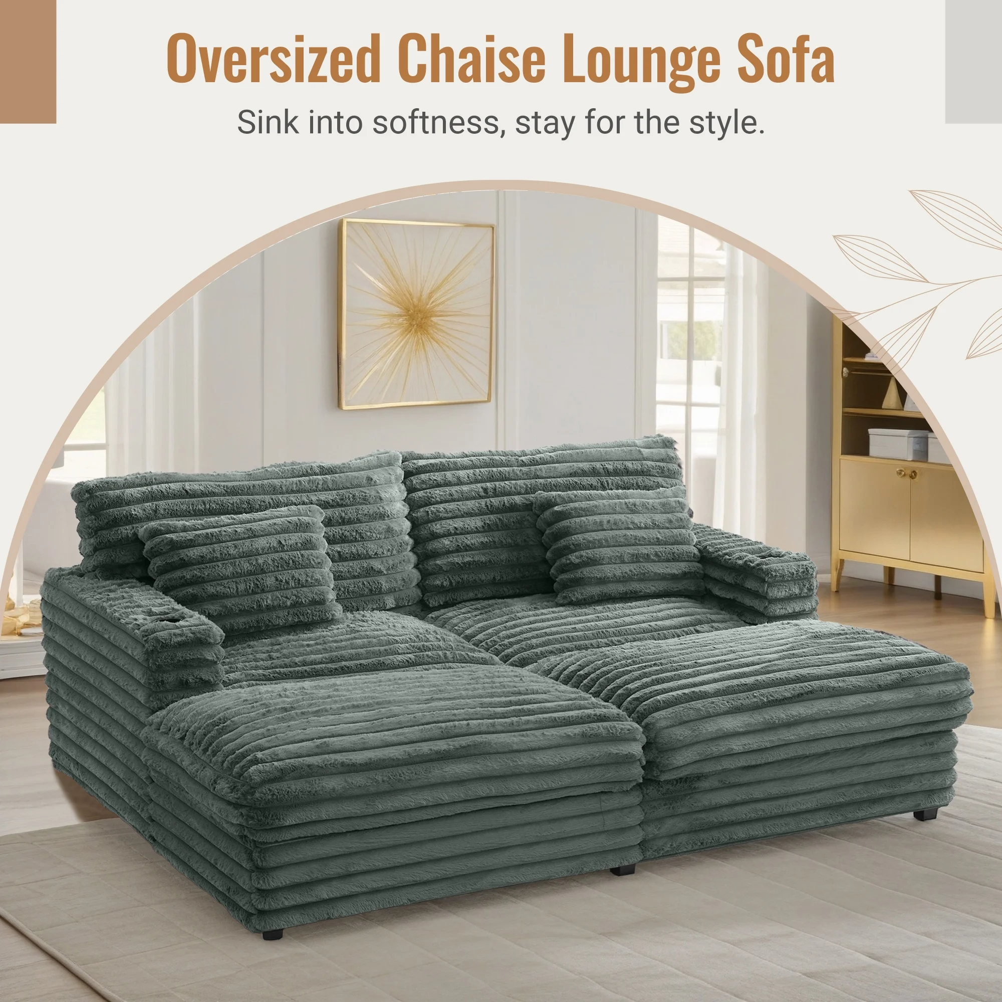Oversized Double Chaise Lounge, Faux Fur Upholstered Deep Seat Sofa with 2 Pillows, 2 Cupholders, and Dual USB Ports
