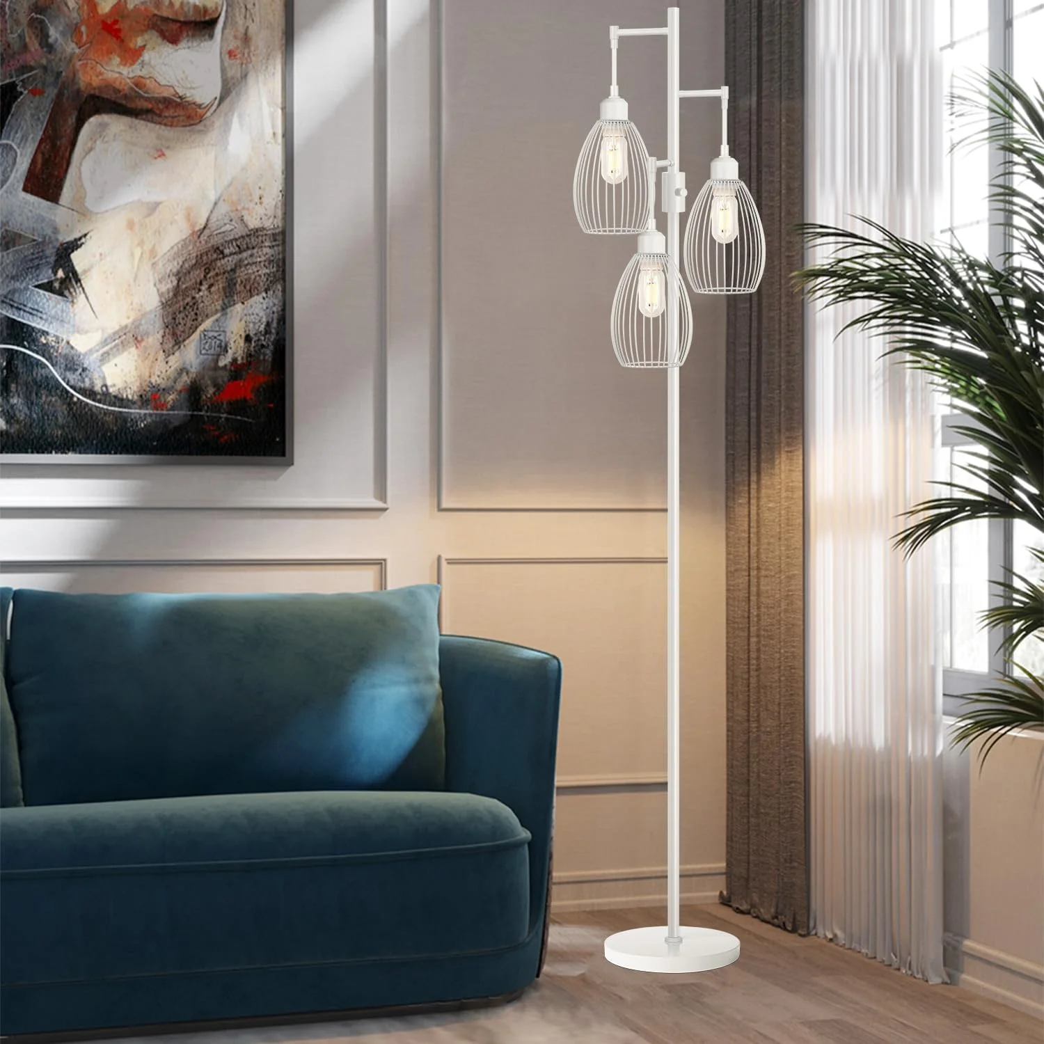 Dimmable Floor Lamp, 3 x 800LM LED Edison Bulbs Included, Farmhouse Industrial Floor Lamp Standing Tree Lamp with Elegant Teardrop Cage Tall Lamps for Living Room Bedroom Office Dining Room