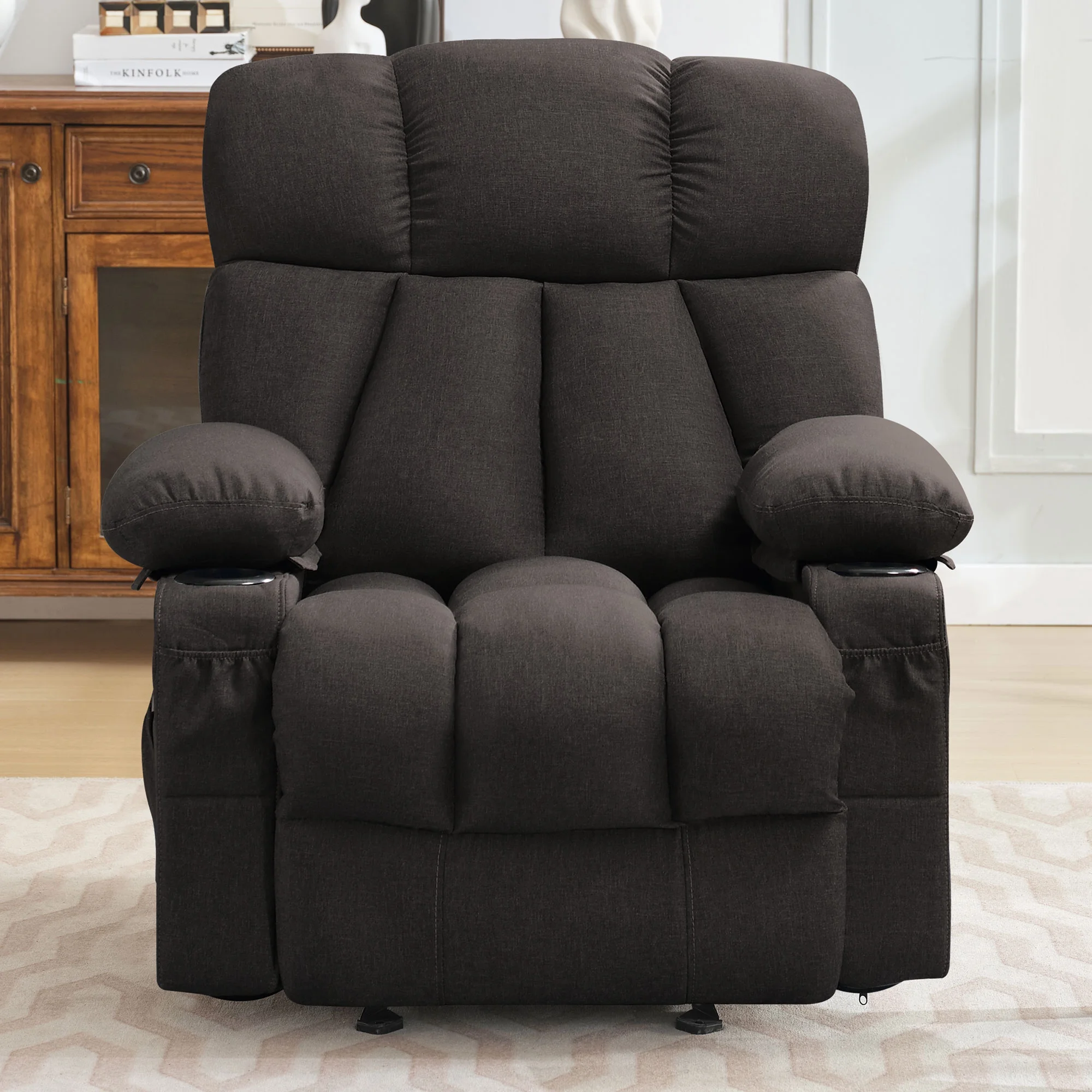 JONPONY Manual Recliner Chair with Heat Therapy and Massage Function, Heavy Duty Reclining Mechanism Massage Chair, Elderly Single Rocker Sofa with Cup Holders for Bedroom Home Theater,Grey