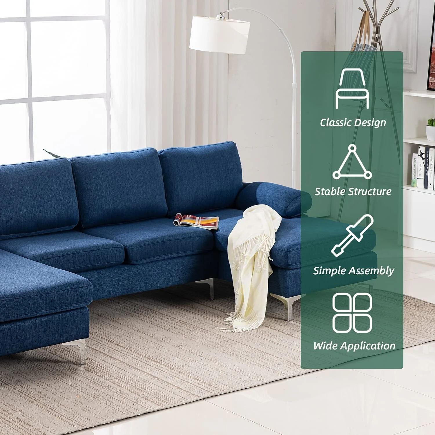 Hommow Linen U-Shape Sectional Sofa, Fabric Couch for Living Room Apartment, Blue