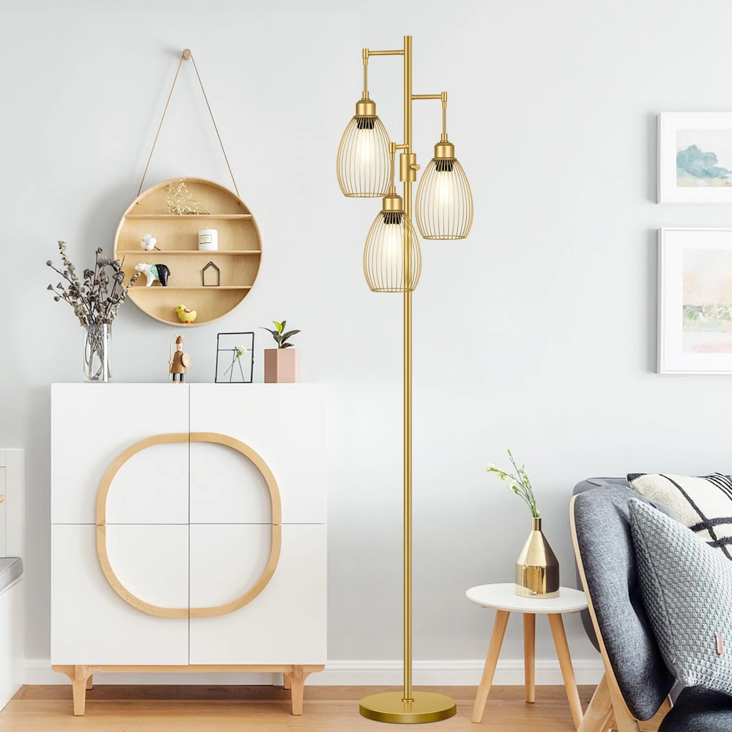 Dimmable Floor Lamp, 3 x 800LM LED Edison Bulbs Included, Farmhouse Industrial Floor Lamp Standing Tree Lamp with Elegant Teardrop Cage Tall Lamps for Living Room Bedroom Office Dining Room