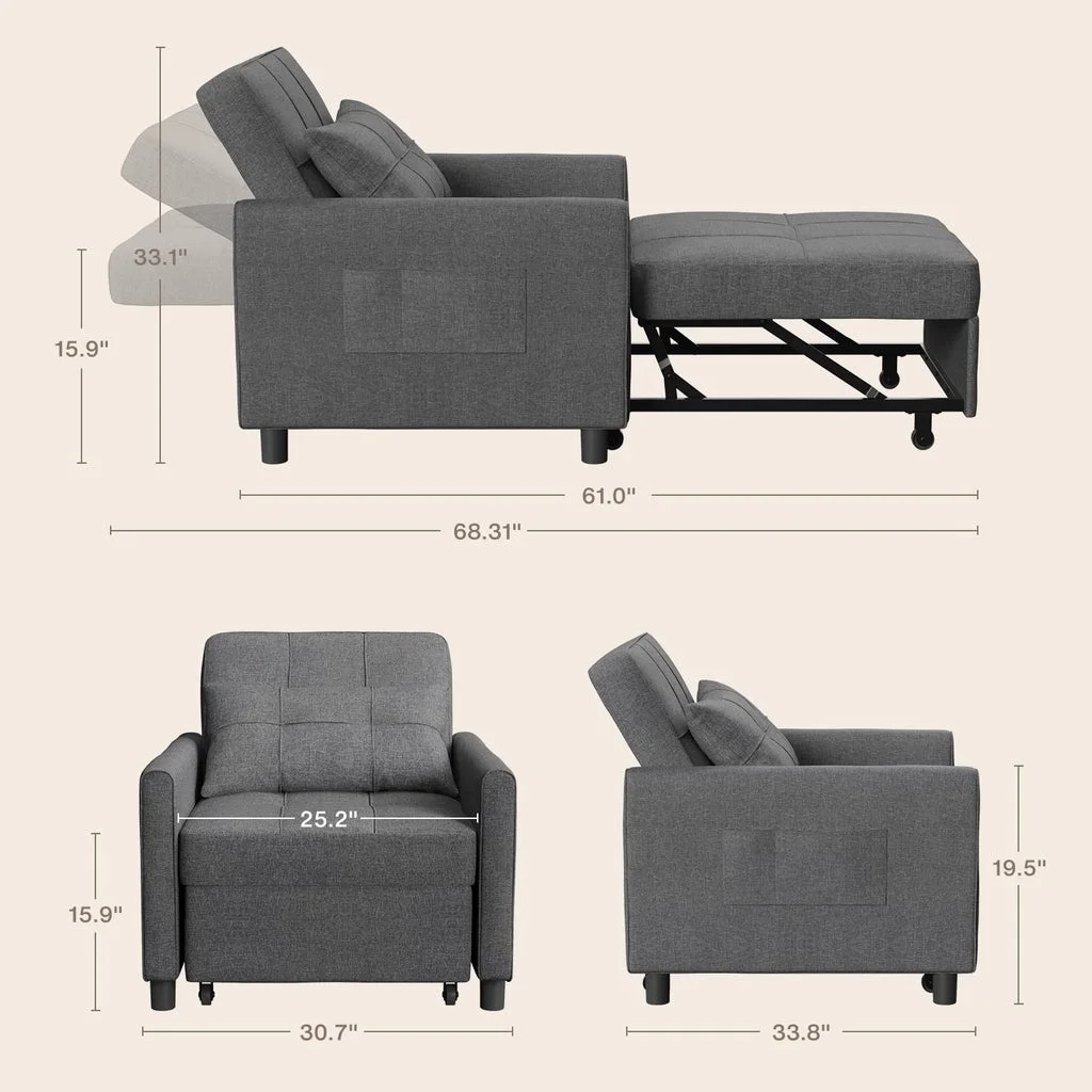 Convertible Sleeper Chair, Aiho 3-in-1 Convertible Sofa Bed Recliner Chair with Pull Out Couch - Dark Gray