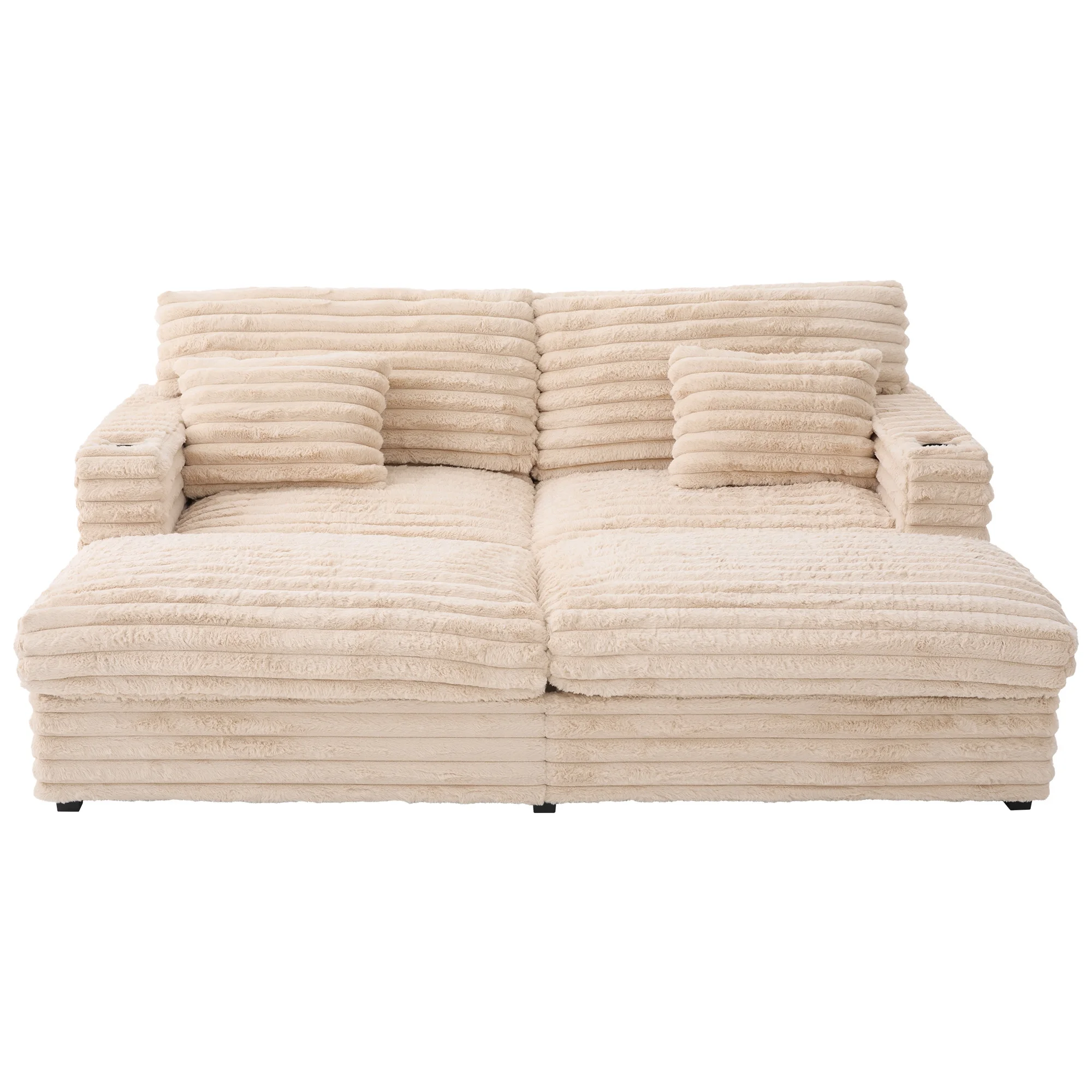 Oversized Double Chaise Lounge, Faux Fur Upholstered Deep Seat Sofa with 2 Pillows, 2 Cupholders, and Dual USB Ports