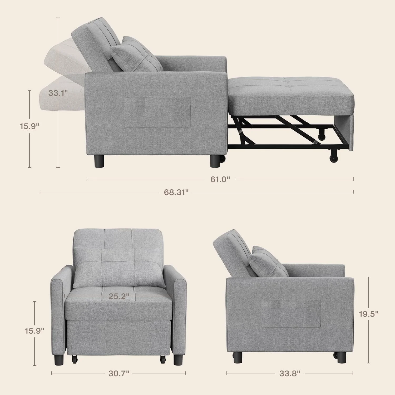 Lofka Chair Bed, Convertible Sofa Bed Couch Recliner Single Bed for Living Room/Office/Bedroom, Light Gray
