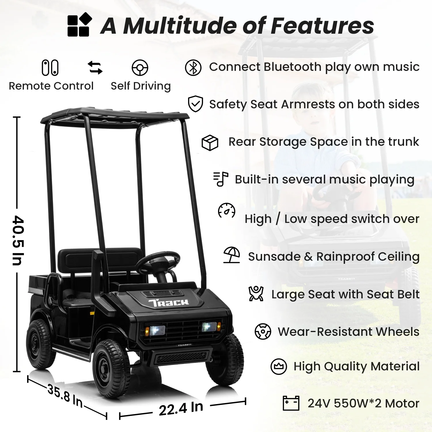 Track Seven 24V Ride on Car, Electric Golf Cart with Ceiling, Ride on Truck with Remote Control, Music, Rear Storage Box, Electric Car for Boys Girls Age 3+, 18.5