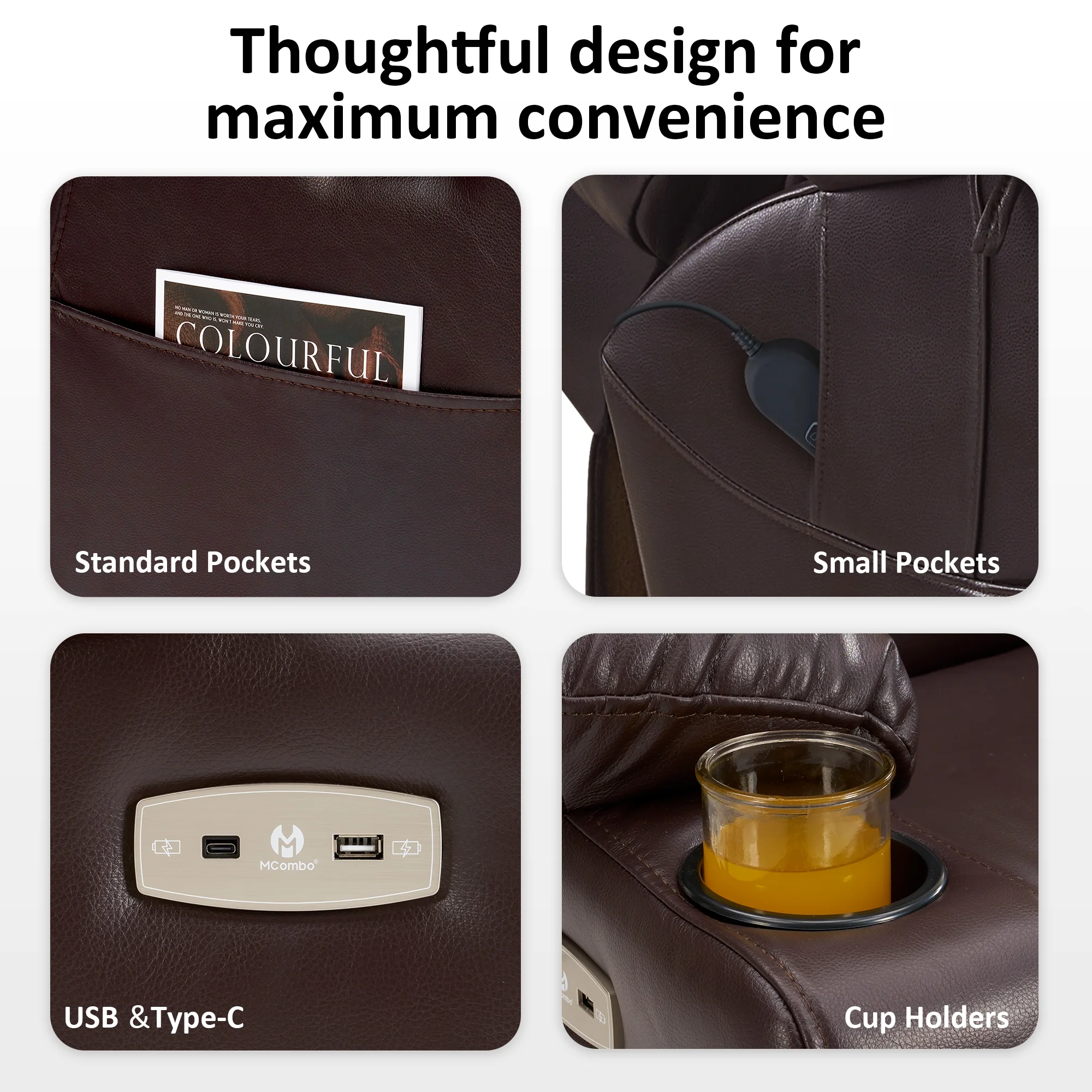 MCombo Triple Motor Power Lift Recliner for Elderly, Sleep Recliner Sofa with Adjustable Headrest, Faux Leather, Dark Brown