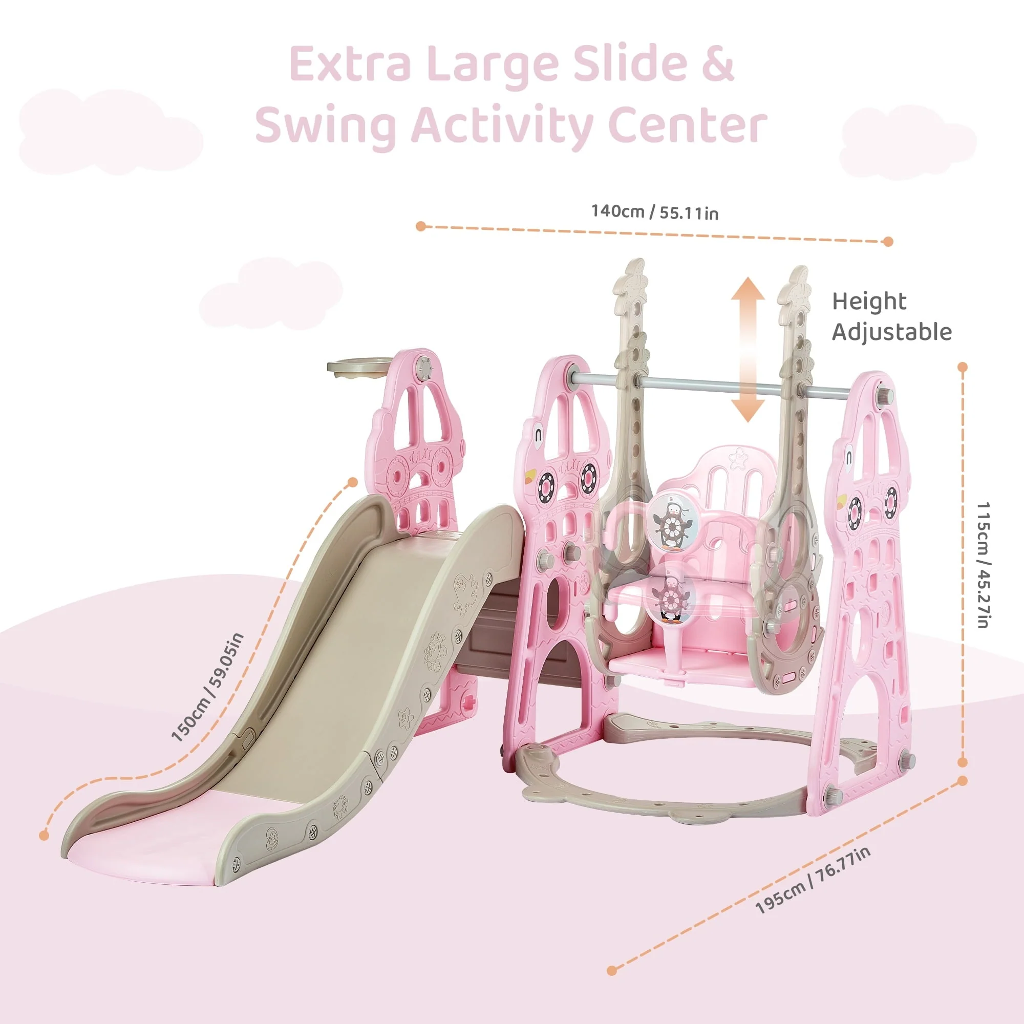 DUKE BABY 4-in-1 Kids Swing and Slide Set for Toddler Age 1-6, Extra Large Baby Indoor Outdoor Activity Playground with Basketball Hoop and Climber – Pink