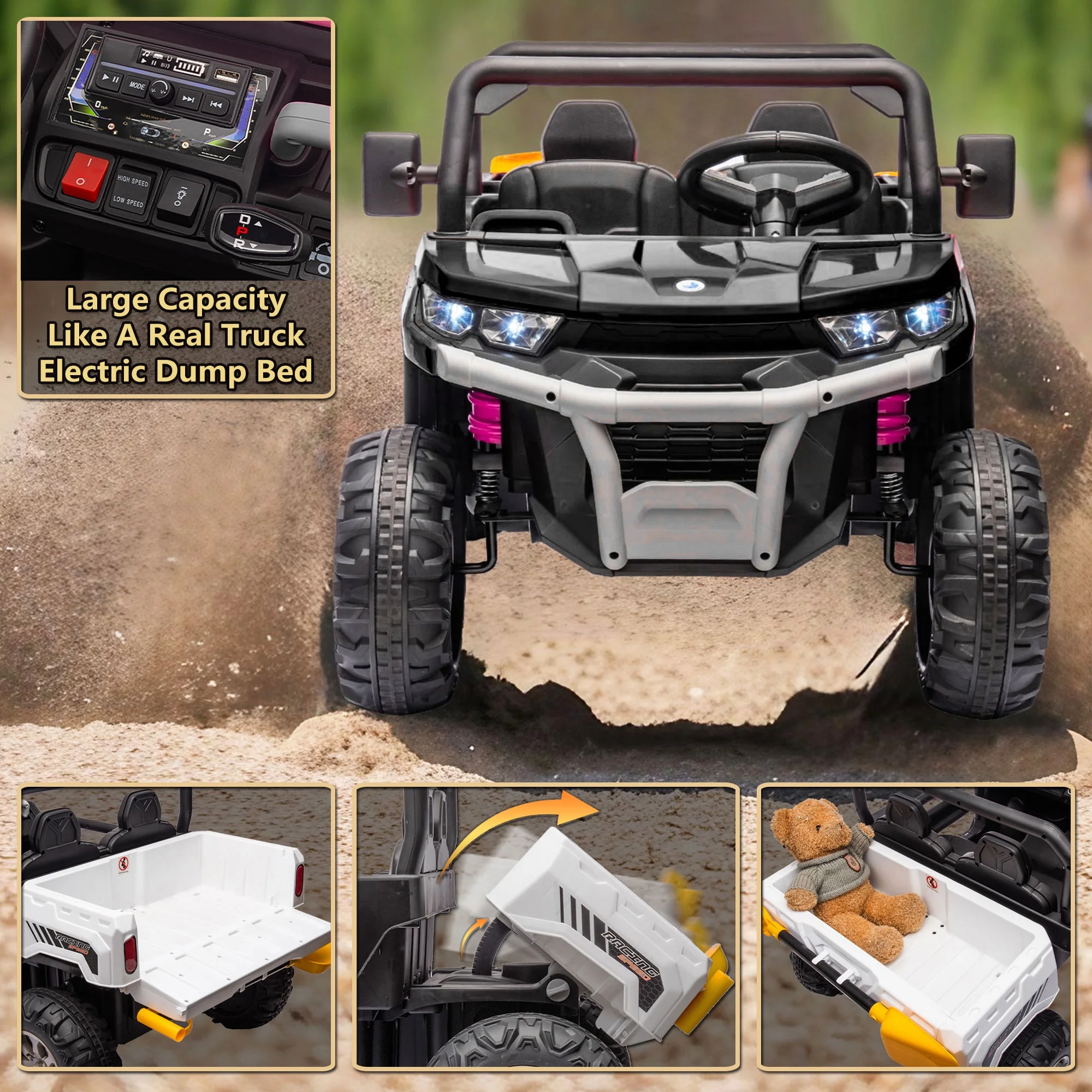 Xuanlur 24V 2 Seater Kids Ride on Car Truck, Ride on UTV W/ 2x200W Motor, 24 Volt Ride on Toys W/ Dump Bed/Shovel, Electric Car for Kids W/ Durable Tires, LED Light, Music, Remote Control, Black