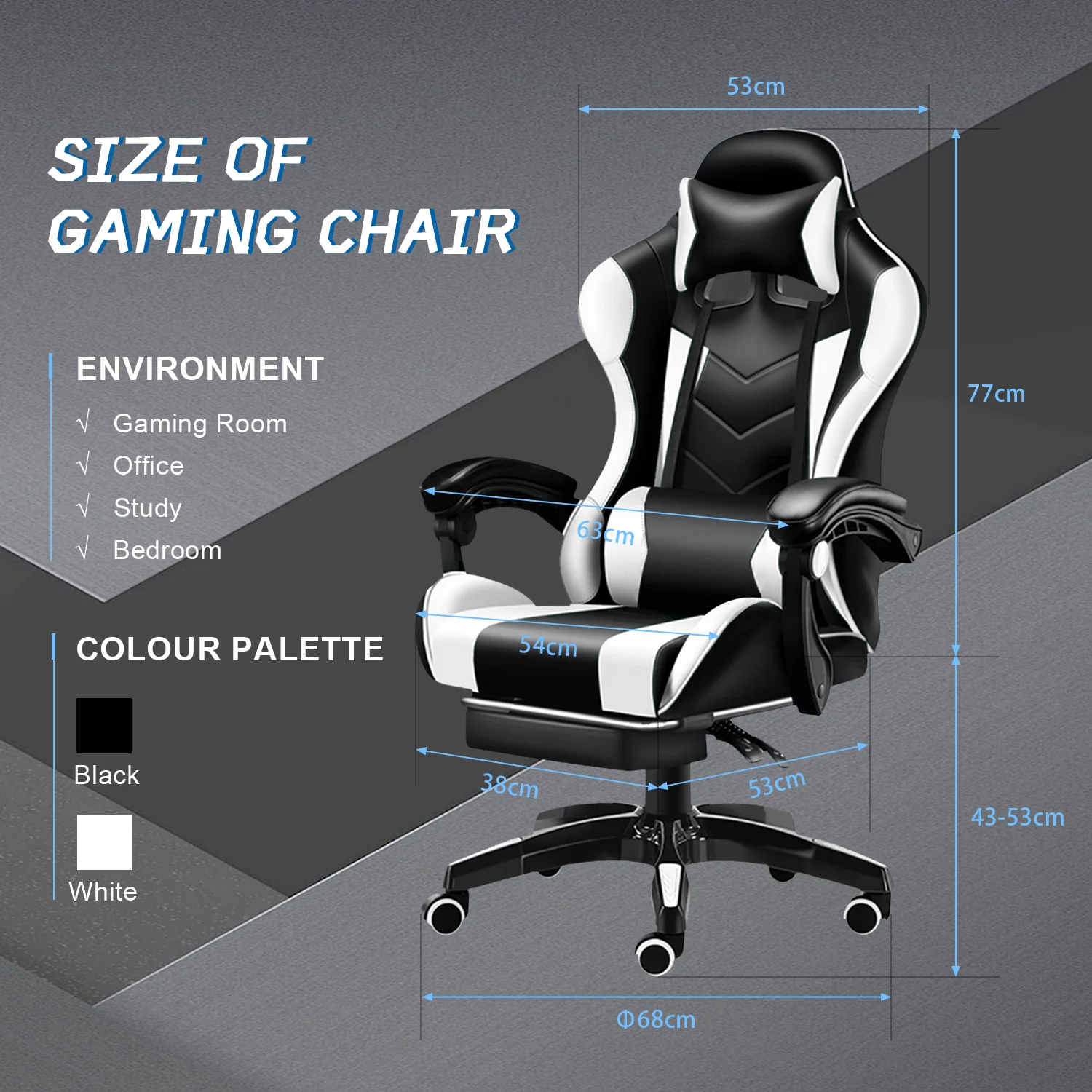 Gaming Chair with Adjustable Footrest,Eighteentek High Back Office Chair with Lumbar Support & Adjustable Headrest Video Game Chairs for Adults Black