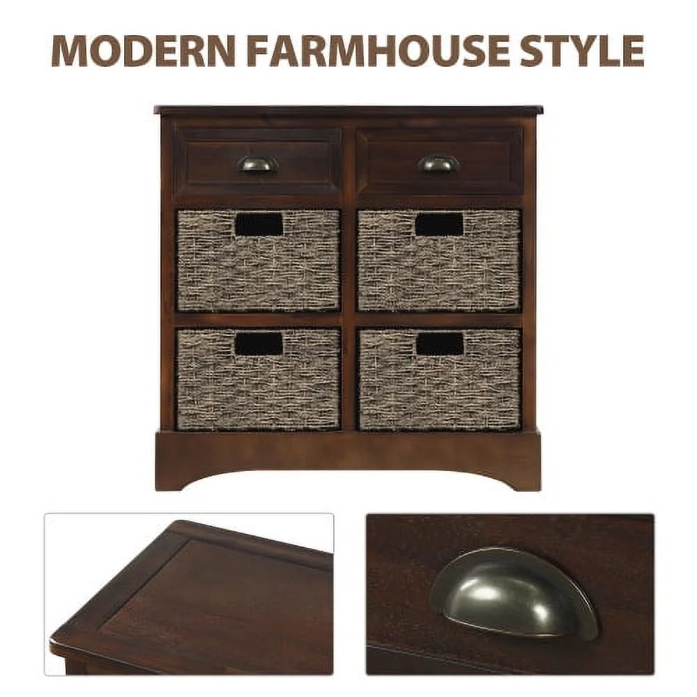 Rustic Storage Cabinet, Wood Accent Cabinet with 2 Drawers and 4 Rattan Baskets,Entryway Console Table Sofa Table for Living Room,Dining Room,White Washed